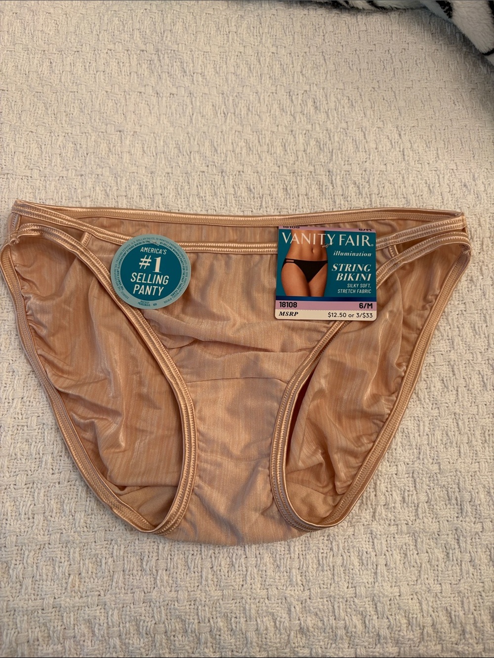 NWT Vanity Fair Women's String Bikini Panty in Nude size 6/M style 18108